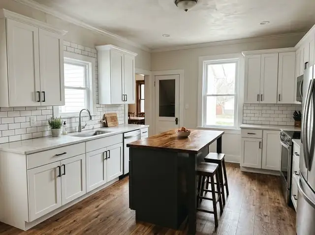 Remodeled kitchen with white shaker cabinets and a charcoal island with an oak top